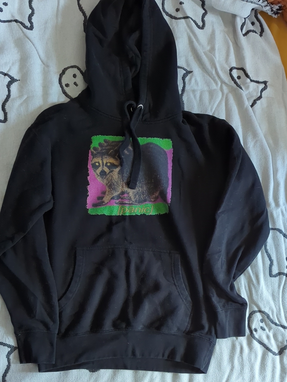 Black Hoodie with Raccoon "Panic" Graphic